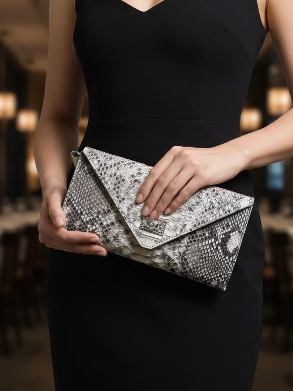 J. J. Winter Snakeskin Leather Clutch – Luxury Evening Bag with Suede Lining